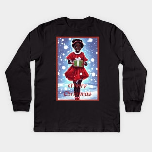 Cute little anime black girl with christmas gift Kids Long Sleeve T-Shirt